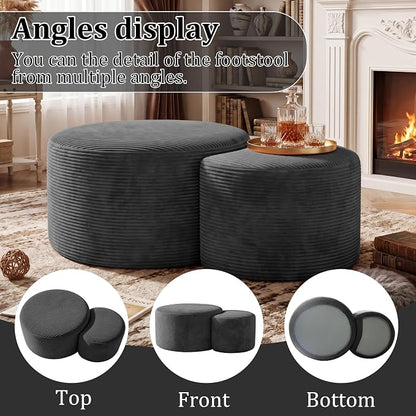BSHOMGI Boneless Ottoman Nesting Coffee Table Set of 2,Corduroy Soft Foot Rest Movable LargePouf Footstool for Living Room Sofa Couch Bedroom Entryway and Small Spaces No Assembly (Dark Gray)