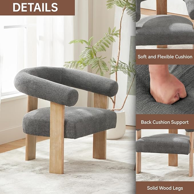 VKNOW Accent Chair Living Room Chair, Modern Upholstered Arm Chair with Solid Wood Legs, Comfy Barrel Accent Chair for Living Room, Bedroom, Dark Grey