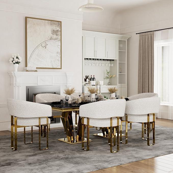 Boucle Dining Chairs with Arms, White Barrel Dining Chairs with U-Shaped Mirrored Gold Legs, Modern Side Chairs for Dining Table, Kitchen, Restaurant Recepition, Vanity, Set of 3
