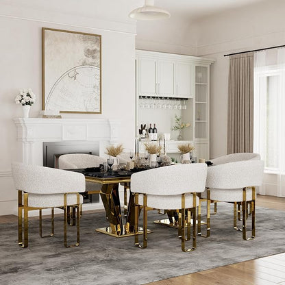 Boucle Dining Chairs with Arms, White Barrel Dining Chairs with U-Shaped Mirrored Gold Legs, Modern Side Chairs for Dining Table, Kitchen, Restaurant Recepition, Vanity, Set of 3