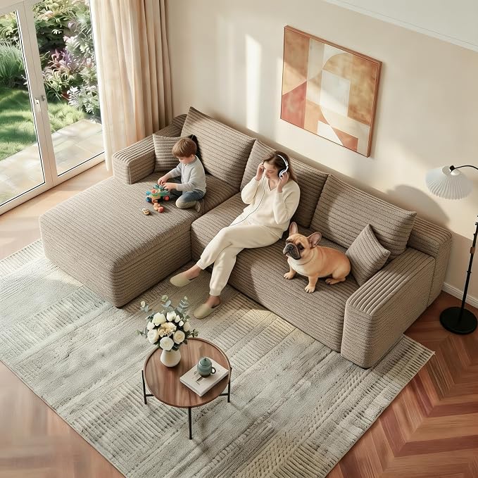 JINGLING 94" L Shape Couch with Left Chaise, Memory Foam Boneless Sectional Sofa in a Box, No Assembly Modular Small Couches for Small Spaces, Living Room, Apartments, Plush Corduroy, Camel