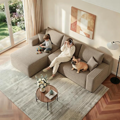 JINGLING 94" L Shape Couch with Left Chaise, Memory Foam Boneless Sectional Sofa in a Box, No Assembly Modular Small Couches for Small Spaces, Living Room, Apartments, Plush Corduroy, Camel