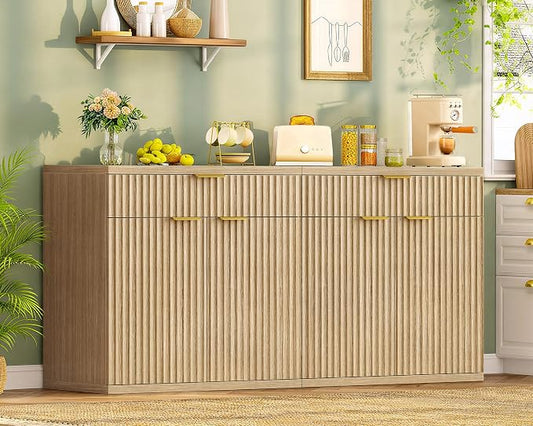 TEENFON Fluted Buffet Cabinet with Storage, 63" Sideboard Cabinet, Coffee Bar Cabinet with 2 Doors and Adjustable Shelf for Living Room, Kitchen, Entryway, Natural