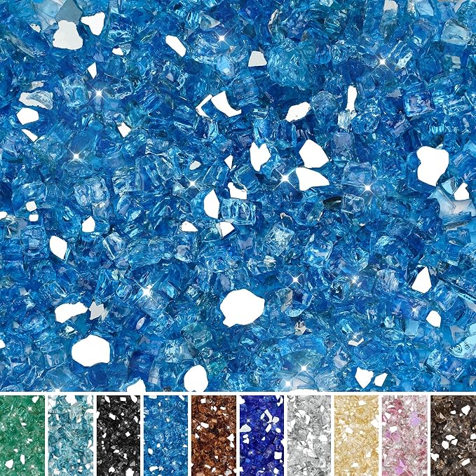 Skyflame Fire Pit Glass Rocks, 15 Pound Pacific Blue Reflective Fire Glass for Outdoor Indoor Fire Bowl Fireplace, 1/2-Inch