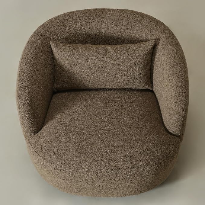 KINWELL 34" Wide Sherpa Swivel Barrel Chair, No Assembly Round Boucle Upholstered Accent Chair Armchair Single Sofa Chair with Toss Pillow for Living Room and Bedroom, Teddy Brown