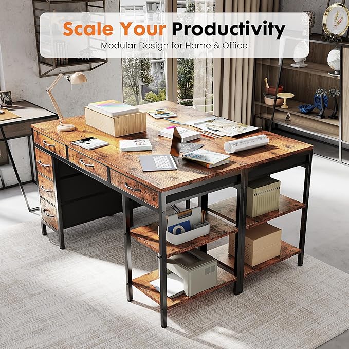 Sweetcrispy 55" Computer Desk with 6 Drawers, Home Office Gaming Desks with Storage Shelves for Bedroom, Writing Study Corner Living Room Work Table, Brown