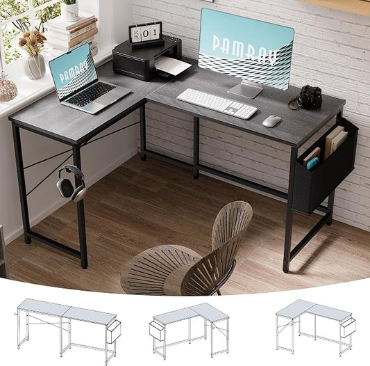 Pamray 47 Inch Reversible L Shaped Gaming Desk Corner Computer Desk with Storage Bag Home Office Table for Writing Study Grey