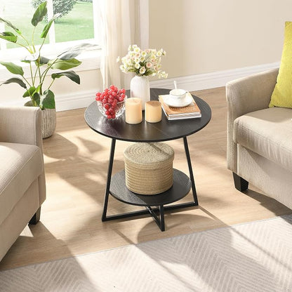 D&H FURNIMMT 20" Living Room Side Table Set of 2 for Small Spaces, 2 Tier Wood Top Round End Tables with Storage Shelf, Accent Sofa Table for Bedroom, Office, Sunroom, Balcony, Black