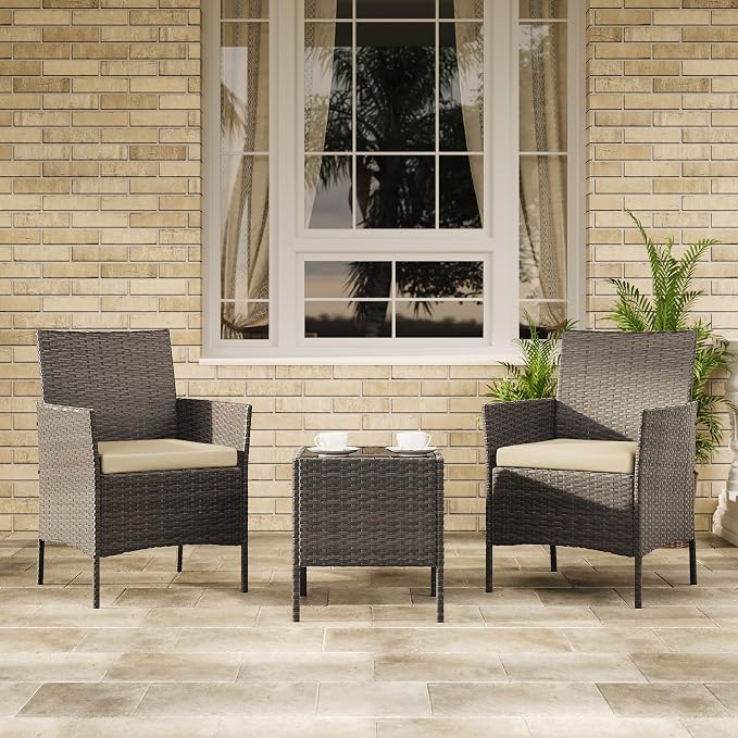 GAOMON 3-Piece Patio Furniture Set, Modern PE Rattan Conversation Set with 2 Chairs & Tempered Glass Coffee Table, All-Weather Outdoor Seating for Garden, Porch, Balcony, Poolside, Brown/Cream
