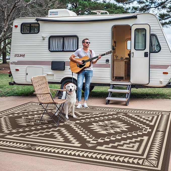 GENIMO Outdoor Rug for Patio Clearance - 6x9 ft Waterproof Plastic Camping Rugs, Reversible Outside Rv Mat Carpet for Porch, Deck, Picnic, Balcony, Beach, Backyard, Coffee Beige