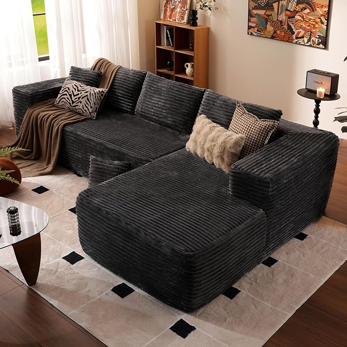 ovios 104" Cloud Boneless Couch with L-Shape Chaise,Modern Sectional Modular Sofa with Deep Seat, Upholstered Couches for Living Room Bedroom,No Assembly Required, Grey (Plush Corduroy Fabric)