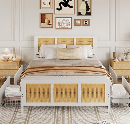 GarveeHome White Rattan Bed Frame with Headboard, Boho Cane Platform King Size Bed Frame with 4 Drawers, Strong Metal Slats Support, Noise Free, No Box Spring Needed
