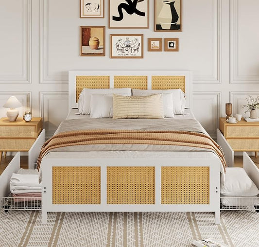 GarveeHome White Rattan Bed Frame with Headboard, Boho Cane Platform King Size Bed Frame with 4 Drawers, Strong Metal Slats Support, Noise Free, No Box Spring Needed