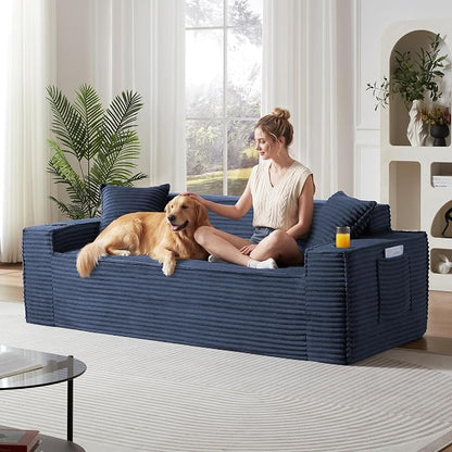 61" Boneless Sofa Couches with Cup Holder,2 Seat Loveseat Sofas with Side Pocket for Compact Living Rooms, Apartments (Blue, Loveseat Sofa)