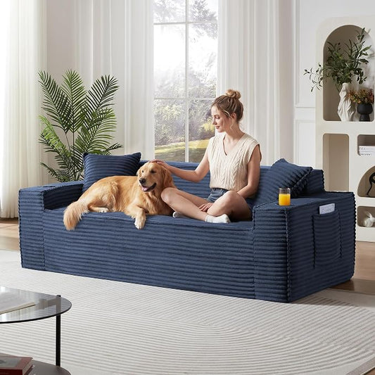 61" Boneless Sofa Couches with Cup Holder,2 Seat Loveseat Sofas with Side Pocket for Compact Living Rooms, Apartments (Blue, Loveseat Sofa)