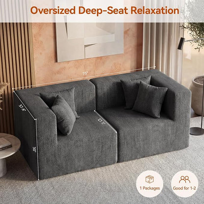 MONVANE 75" Loveseat Sofa, Comfy Chenille Modular Sectional Sofa with 4 Pillows, Modern Deep Seat Boneless Couch, 2 Seater Sofa for Living Room, Bedroom and Apartment, Grey