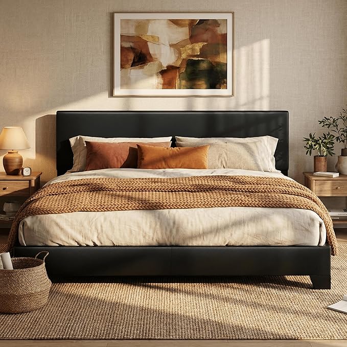 SHA CERLIN PU Leather Upholstered King Size Bed Frame with Headboard,Black | Adjustable Low-Profile Platform Bed, Minimalist Design, Stable Mattress Foundation, Strong Back-Support, No Box Spring Needed