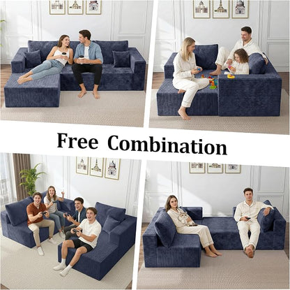 92.5" L-Shaped Sectional Boneless Couches with Chaise, Comfy Modular Corduroy Fluffy Couch with Deep Seat, 3 Seater Cloud Sofa for Apartment Flexible Module Combination for Living Room, No Assembly