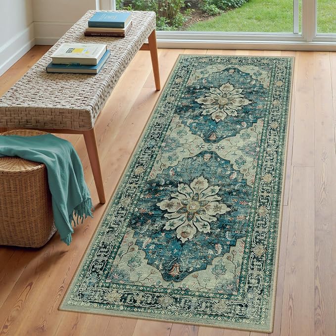 RELEANY Area Rugs Runner 3'x8' Washable Non-Slip, Floral Vintage Distress Medallion Carpet for Kitchen Hallway Bedroom Beside Laundry Room Bathroom, Dark Blue Vintage