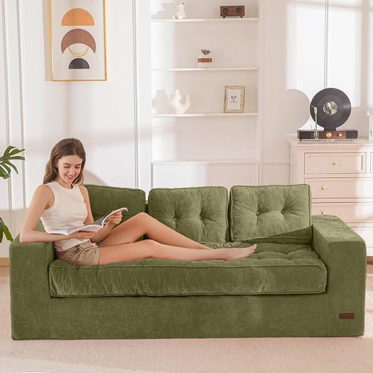 MAXYOYO 3-Seater Boneless Sofa Couch, Tufted Sofa Lounge for Living Room, Comfy Bean Bag Chair High-Density Foam Couch with Pillows, No Assembly Required