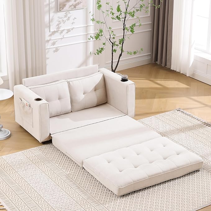 ERYE Foldable Loveseat Sofa Convertible Pull Out Sleeper Sofabed,2 Seat Tufted Upholstered Sofa Modern Convertible Sleeper Couch Bed with Cupholders and Side Pockets