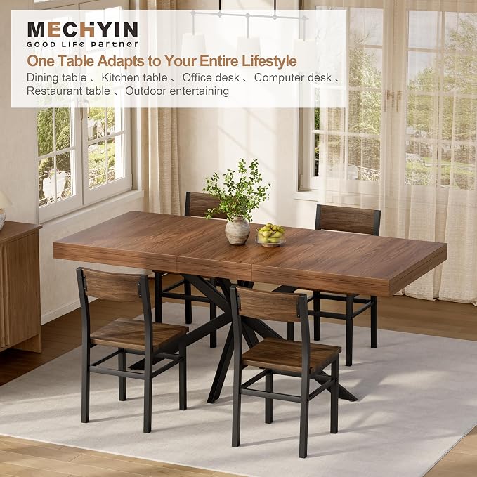 MECHYIN Extendable Dining Room Table for 4-6-8, 55''-70.9'' Wood Rectangle Expandable Dining Table with Hidden Storage, Space Saving Farmhouse Kitchen Table for Dining Room Kitchen Office,Walnut