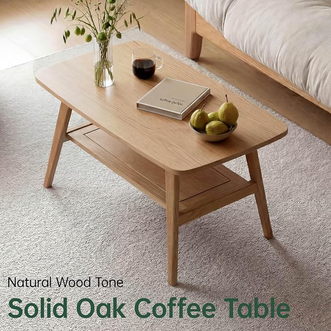100% Solid Wood Coffee Table for Living Room, 39.37" Mid Century Modern Small Tables with Shelf Storage, 2-Tier Coffee Table with Rounded Corners (Oak Wood Log Color, 39.37" L)