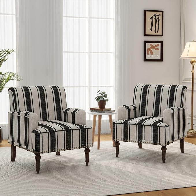 Accent Chair, Mid Century Modern Comfy Armchair for Living Room, Linen Fabric Single Sofa Lounge for Reading Bedroom Apartment Waiting Room with Wood Legs (Black Stripe, Set of 2)