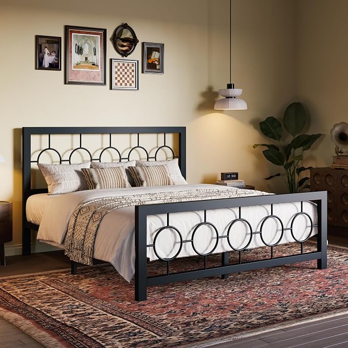 SHA CERLIN Queen Size Metal Bed Frame with Vintage Circular Design Headboard and Footboard,No Box Spring Required,Easy Assembly,Noise-Free,Black