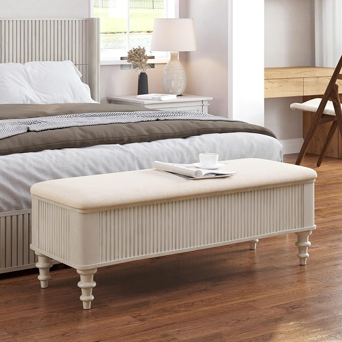 Storage Ottoman Bench 50.8" Rubberwood Linen Beige | Linen Seat, Storage Bench for Bedroom, Entryway Shoe Organizer for Bedroom, Living Room, Entryway, Closet, Beige