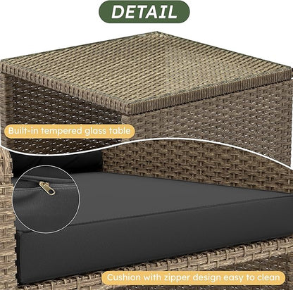 LHBcraft Outdoor Furniture 5 Piece Patio Conversation Set, PE Rattan Patio Set with Soft Cushions & Coffee Table, Outside Furniture with Hidden Ottoman for Porch, Lawn, Garden, Balcony, Black