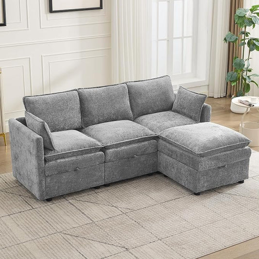80" Cloud 3 Seater Sectional Modular Couch with Storage Ottoman, Upholstered Storage Sofa Deep Seat, Chenille L Shape Sofa Comfy Couches with Armrests for Living Room, Small Space, Light Grey