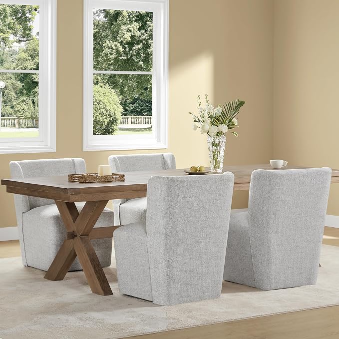 KISLOT Upholstered Dining Chairs Set of 2 with Casters, Wingback Modern Side Armless Deskchair with Rollers for Diningroom Bedroom Livingroom Reading Room, Light Grey Fabric