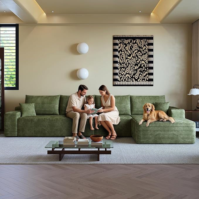 AUGOP 136" Sectional Couches for Living Room Modern Modular Sofa with L-Shape Couchs Upholstered Boneless Couch Deep Seat Sectional Couch with Chaise (Green, Right Facing Chaise+3Seaters)