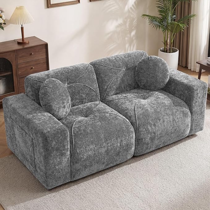82" Modular Sectional Cloud Couch, Loveseat Sofa Boneless Couches, 2 Deep Seat Modern Comfy Velvet Sofa for Living Room, Bedroom, Apartment (Grey)