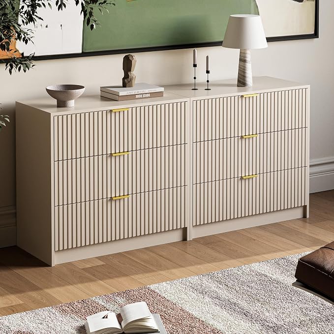 MAISONARIA 3-Piece Dresser Bedroom Set, 6 Drawer Dresser & 3 Drawer Nightstands with Gold Handles, Fluted Wood Chest of Drawers for Bedroom, Living Room, Entryway, Beige