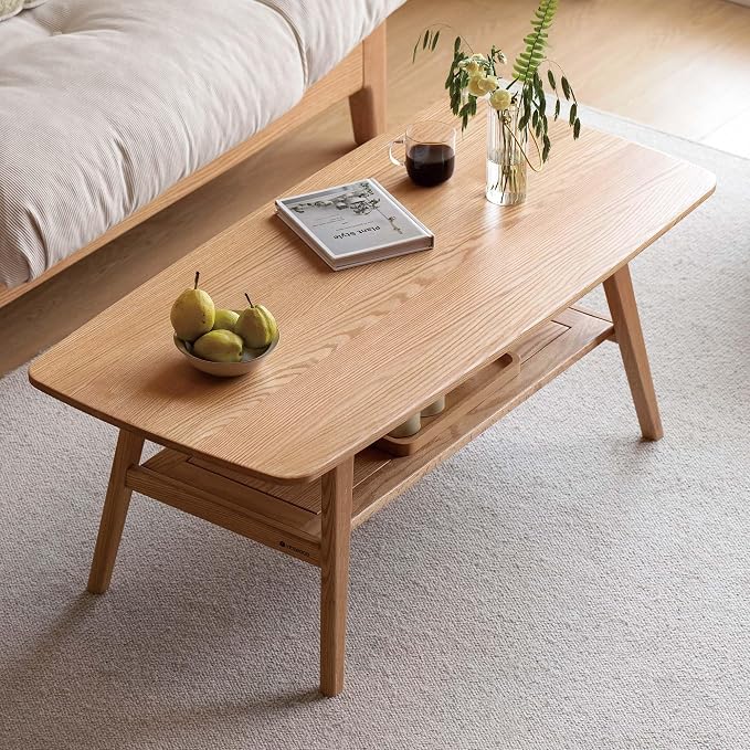 100% Solid Wood Coffee Table for Living Room, 47.24" Mid Century Modern Tables with Shelf Storage, 2-Tier Coffee Table with Rounded Corners (Oak Wood Log Color, 47.24" L)