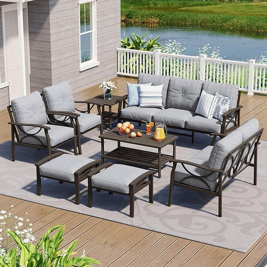 FansaFurn 8-Pieces Outdoor Patio Furniture Set, Outdoor Metal Sectional Furniture with Cushions, Outdoor Conversation Seating Set with Coffee Table for Garden, Balcony, Deck, Backyard, Grey