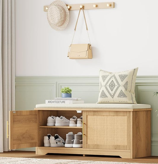 Rattan Shoe Storage Bench with Cushion, 39.4" Wide Entryway Bench with Adjustable Shelf, Hidden Shoe Organizer Cabinet, for Hallway, Living Room, Bedroom, Natural Oak
