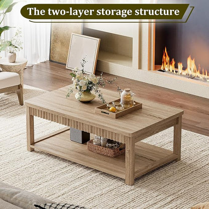 Homkdom Fluted Coffee Table, 2-Tier Storage Shelf, Oak | Heavy Duty 200 lb Capacity, Kids Friendly Rounded Corners