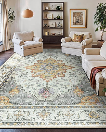RELEANY Area Rugs Large 9'x12' Washable Non-Slip, Floral Vintage Distress Medallion Carpet for Living Room Bedroom Dining Room, Beige Carbon Grey Orange