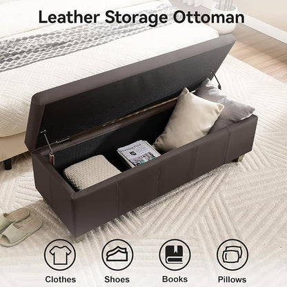 WUTUTUEE 41" Faux Leather Storage Ottoman, Stitch Tufted Rectangle Upholstered End of Bed Storage Bench, Entryway Large Couch Ottoman with Wooden Legs,Brown
