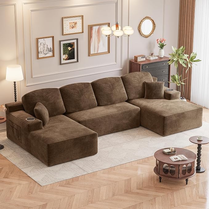Homall 142" Boneless Couch, Modular Sectional Sofa, No Assembly Required, Memory Foam Filling, Corduroy U-Shaped Sofa, Movable Multi-Person Couch for Living Room (Brown)