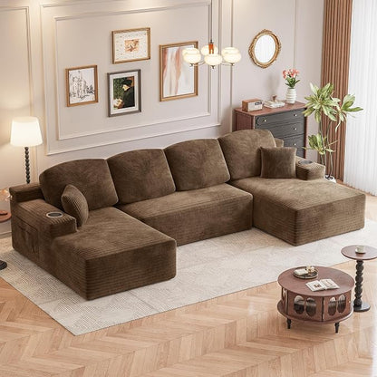 Homall 142" Boneless Couch, Modular Sectional Sofa, No Assembly Required, Memory Foam Filling, Corduroy U-Shaped Sofa, Movable Multi-Person Couch for Living Room (Brown)