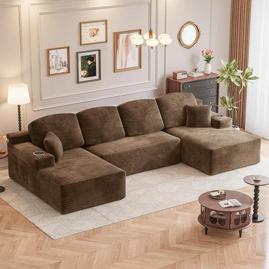Homall 142" Boneless Couch, Modular Sectional Sofa, No Assembly Required, Memory Foam Filling, Corduroy U-Shaped Sofa, Movable Multi-Person Couch for Living Room (Brown)