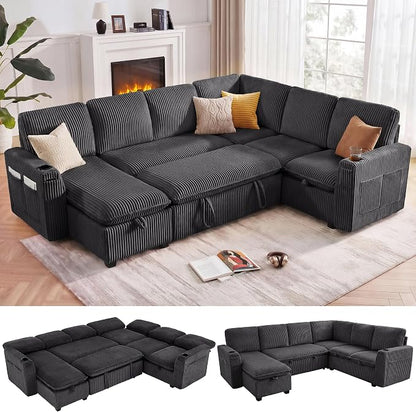 Sectional Sleeper Sofa with Pull Out Bed, Plush Corduroy 7 Seat Modular Sectional Sofa with Storage Chaise and Adjustable Backrest, Cloud Couches for Living Room, Apartment, Dark Grey