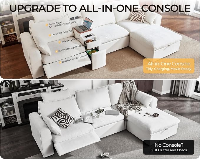 102.8'' Loveseat Power Recliner Sofa with Headrest, Oversized Cloud Modular Sectional Reclining Couch with Table, Storage Drawer, Charging, 2-Seater for RV Home Theater, Chenille, White