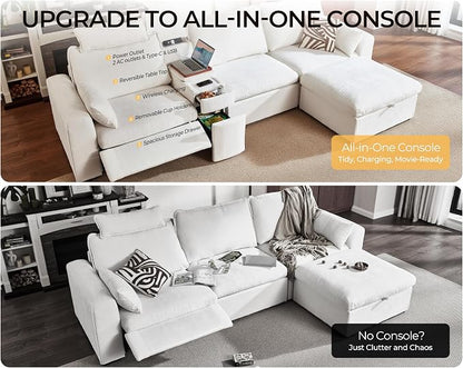 102.8'' Loveseat Power Recliner Sofa with Headrest, Oversized Cloud Modular Sectional Reclining Couch with Table, Storage Drawer, Charging, 2-Seater for RV Home Theater, Chenille, White
