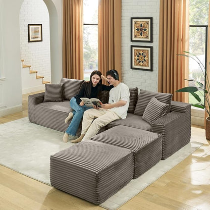 115" U-Shaped Cloud Sectional Couch, Modular Compressed Boneless Sectional Sofa W/Reversible Ottoman Chaise Lounge, Plush Corduroy Boneless Symmetrical Sofa for Living Room