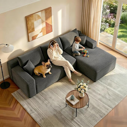 JINGLING 94" L Shape Couch with Right Chaise, Memory Foam Boneless Sectional Sofa in a Box, No Assembly Modular Small Couches for Small Spaces, Living Room, Apartments, Plush Corduroy, Dark Grey